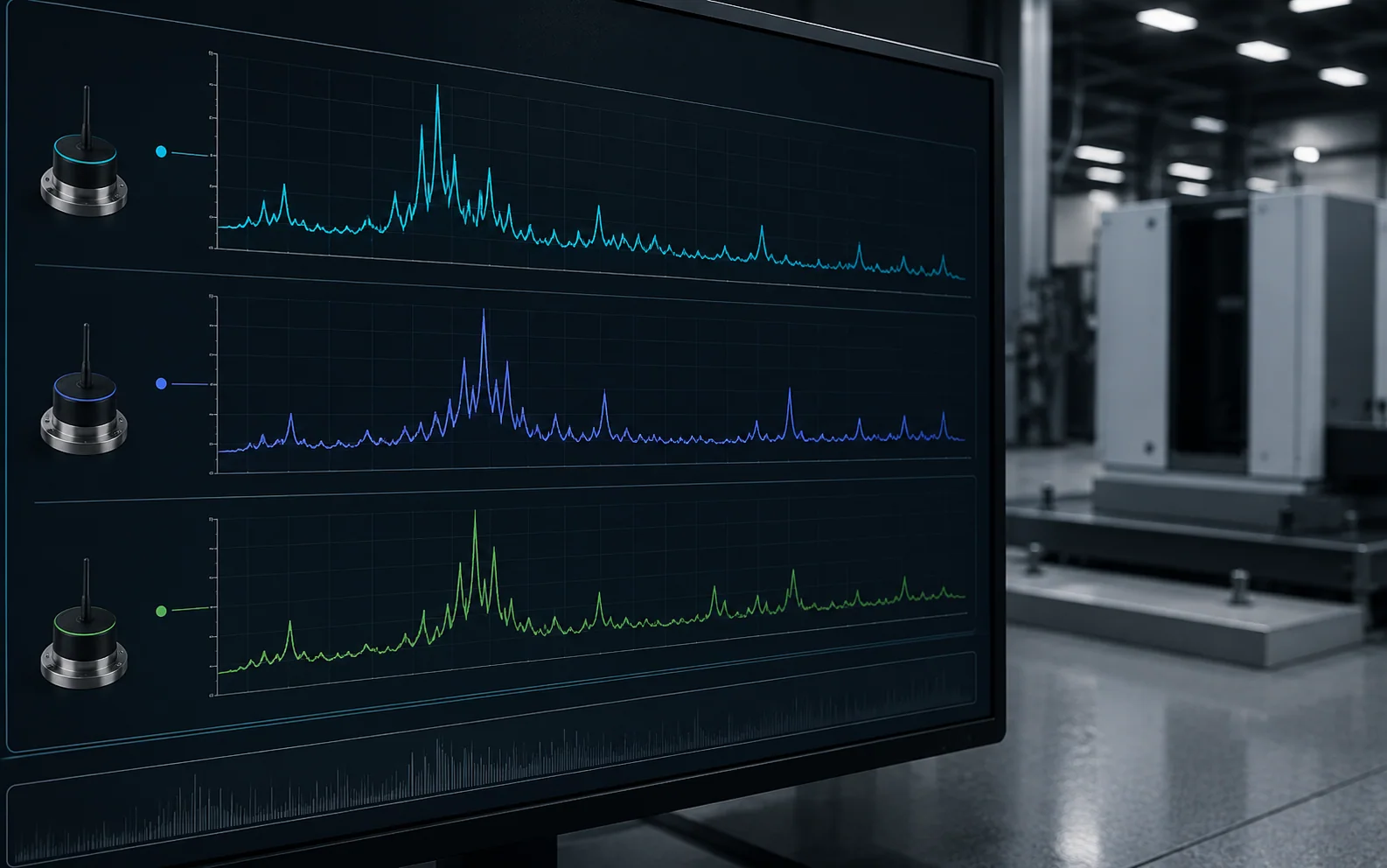 Monitor displaying three vibration frequency spectra associated with three measurement sensors