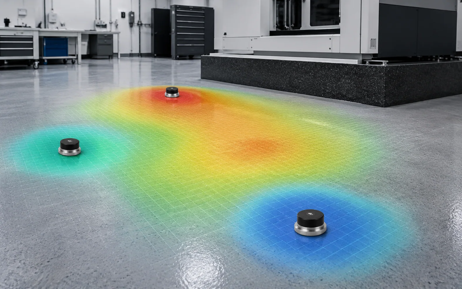 Three vibration sensors arranged on a facility floor beside a supported industrial machine foundation