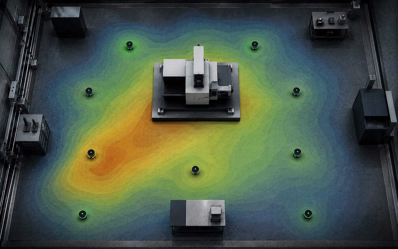 Overhead facility view with equipment, measurement sensors, and a color-coded vibration response map