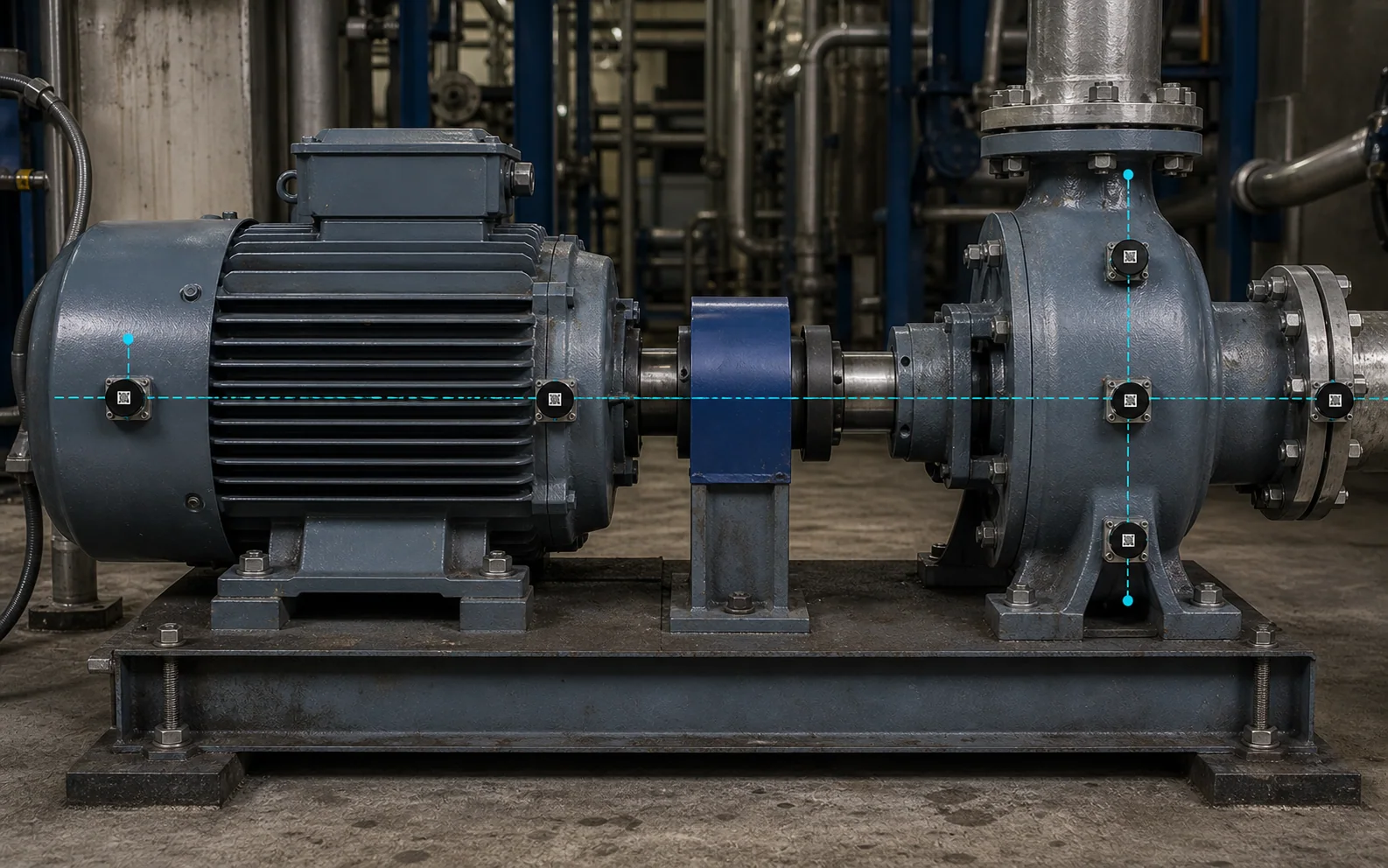 Industrial motor and centrifugal pump with vibration sensors and measurement-axis overlays.