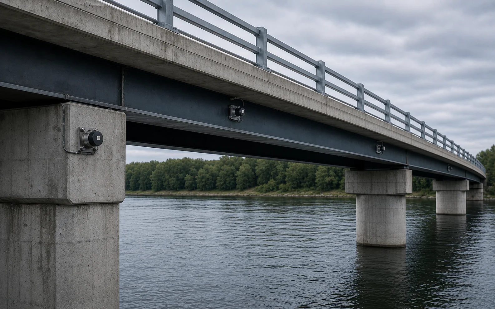 Field-style view beneath a steel girder bridge with vibration sensors mounted at documented locations.