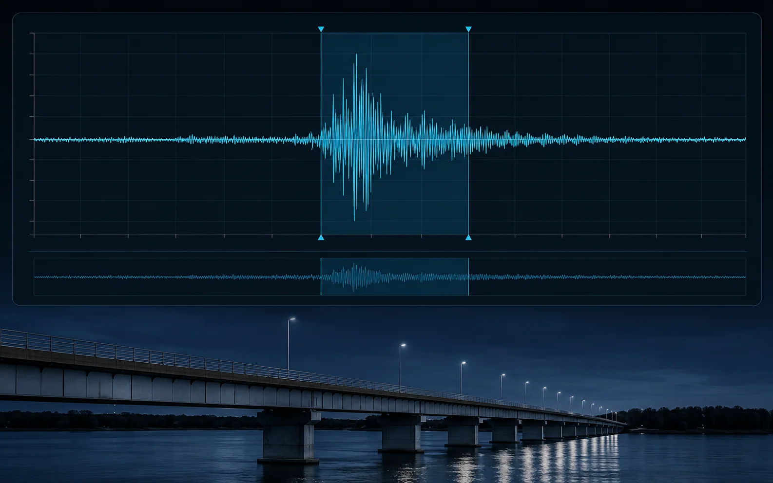 Vibration time-history event displayed above a nighttime bridge scene.